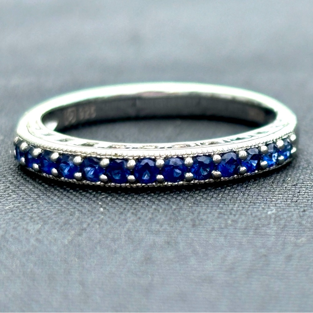 Blue Sapphire Stackable Wedding Band - Sterling Silver 925, Size 7